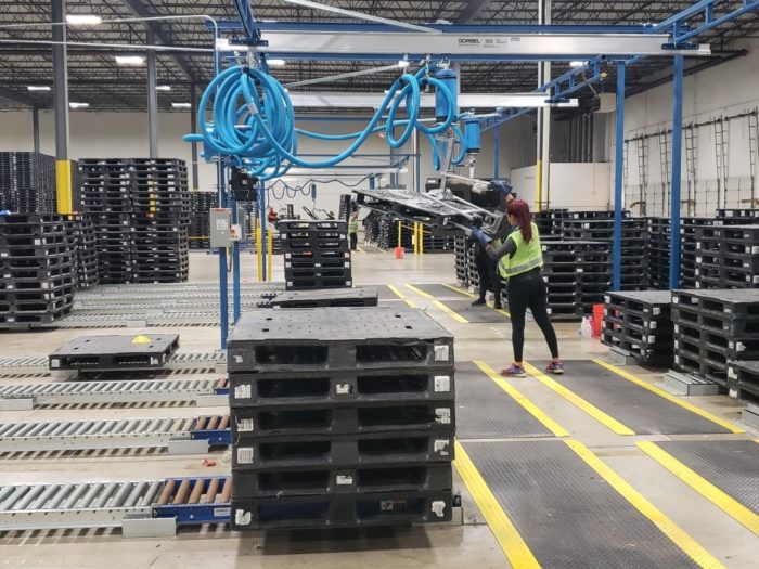 Pallets being sorted at a pallet facility