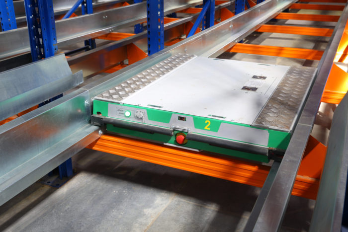 A pallet shuttle is often used in deep lane high density storage