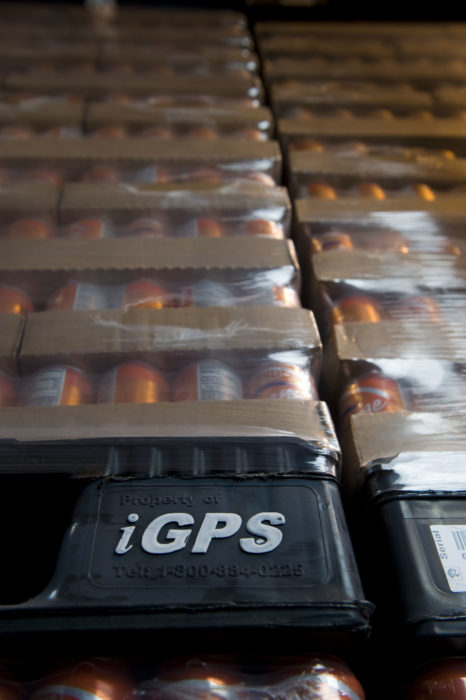 iGPS plastic pallet with stack of products on it