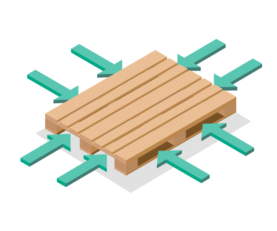 Graphic showing four way wood pallet, arrows illustrate forklift entry points