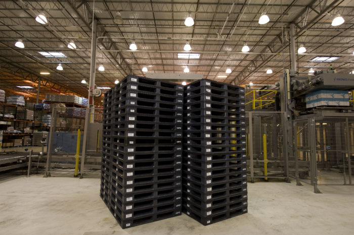 Plastic pallets are easily stackable, to save warehouse floor space