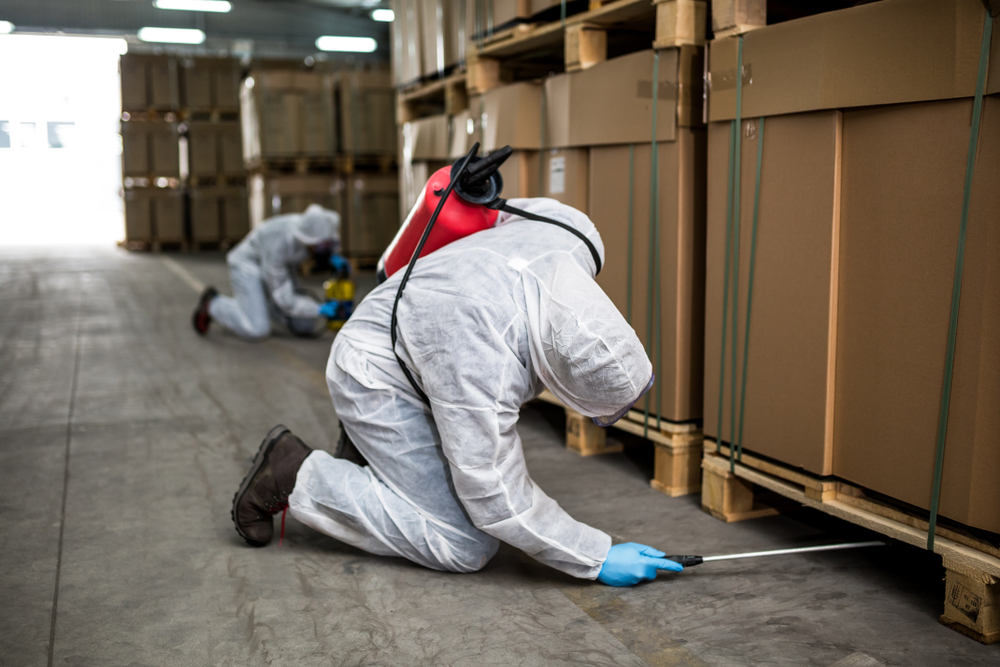 Spraying for pests under pallets in the warehouse