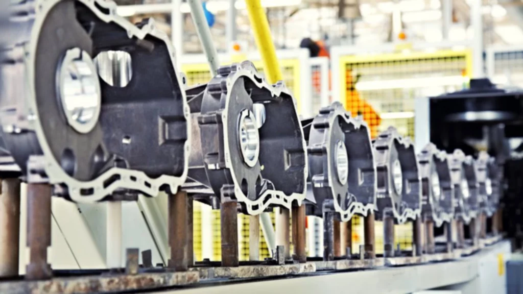 Pallets on conveyor belt in automotive factory 
